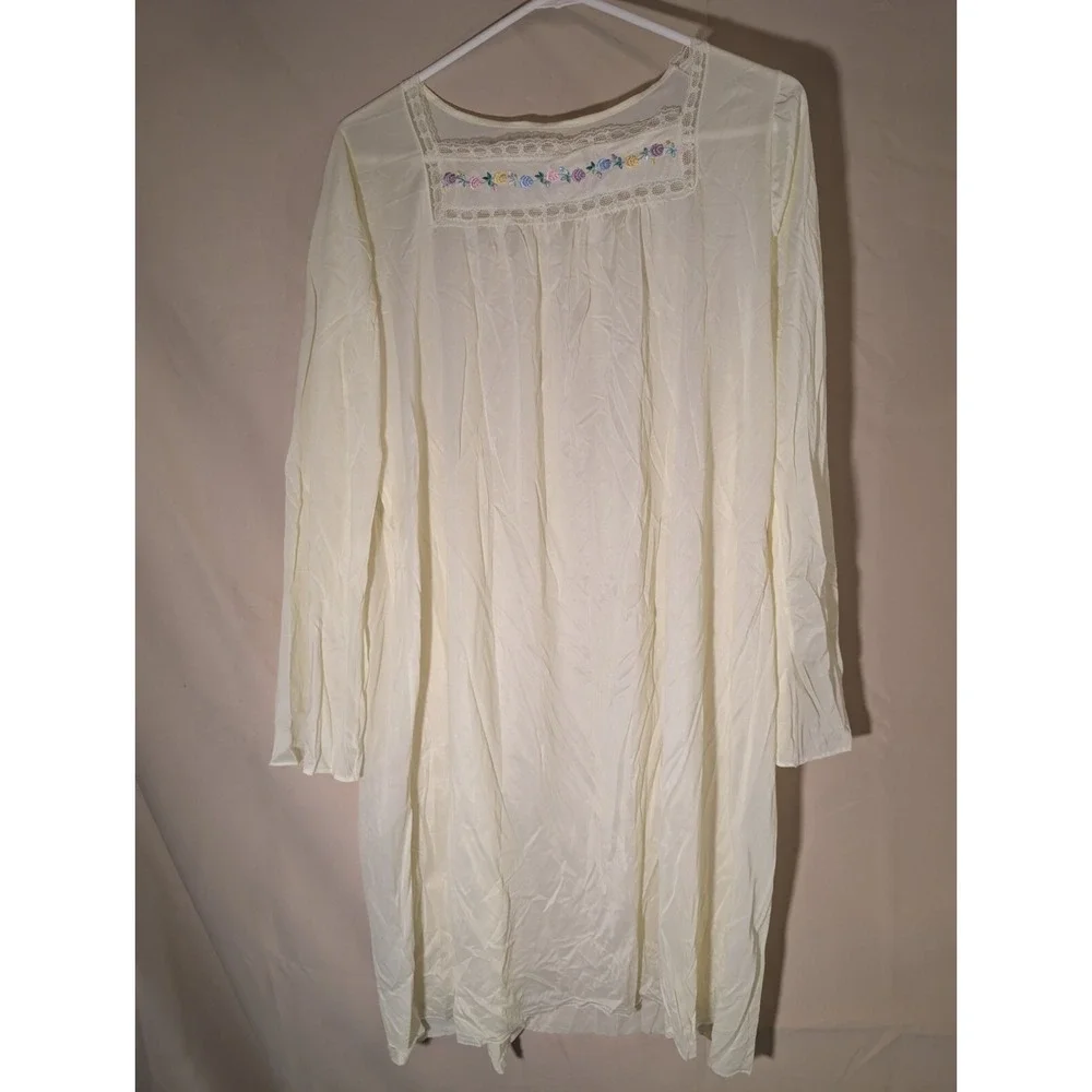 Vintage Ivory Long Sleeve Nightgown Lace Embroidered Floral Trim Sheer Nylon - Picture 2 of 4